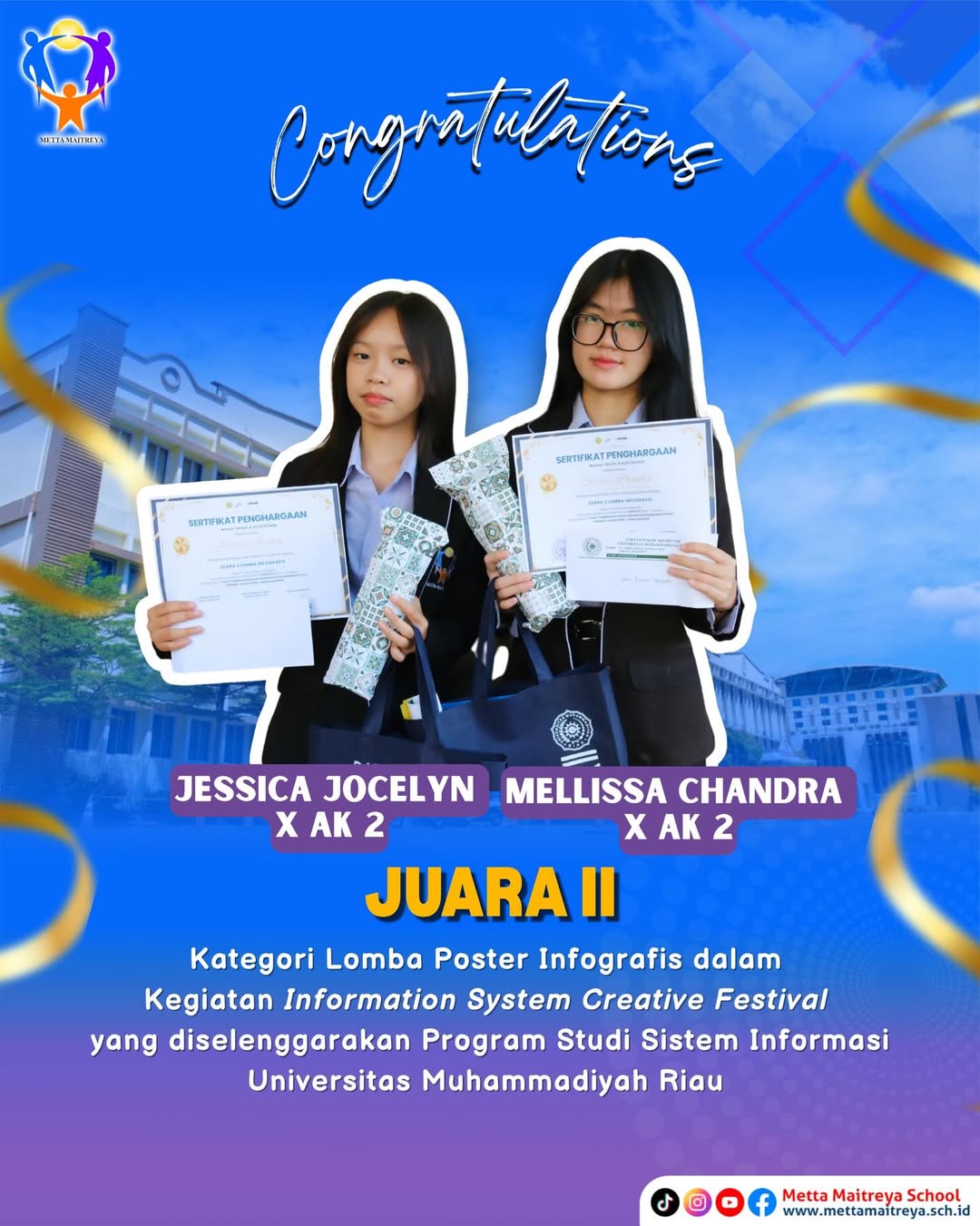 Prestasi dan Penyerahan Hadiah oleh Kepala Sekolah kepada Peserta Didik SMK Metta Maitreya yang telah meraih Juara II Kategori Lomba Poster Infografis dalam Kegiatan Information System Creative Festival